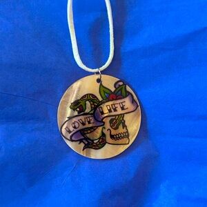 Vintage Skull Painted Print Shell Pendant Necklace